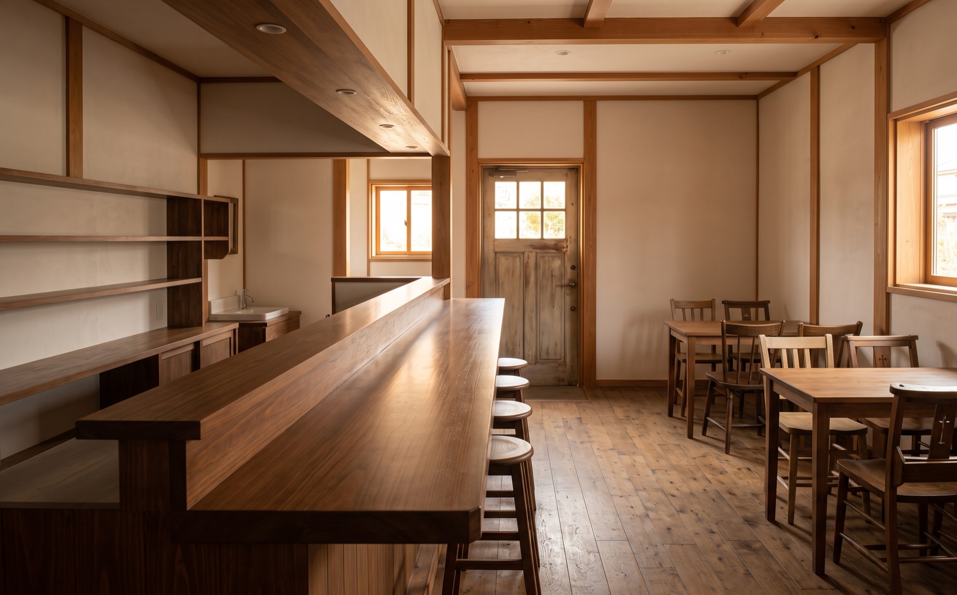 塗装を終えたお店の木のカウンター